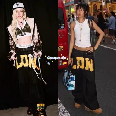 宋雨琦同款字母阔腿休闲裤牛仔裤