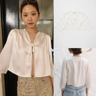 现货 viaplain 2025春夏新款慵懒纯欲风缎面绑带衬衫薄款短外套女