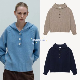 现货韩国moondal 25冬季新款气质纯色亨利领宽松连帽针织衫毛衣女