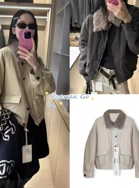 现货 韩国plant ale 撞色翻领羊羔毛工装派克服夹克羽绒服外套女