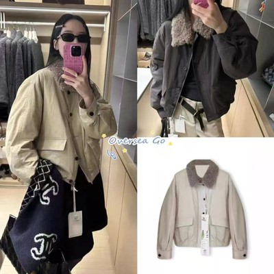 现货 韩国plant ale 撞色翻领羊羔毛工装派克服夹克羽绒服外套女