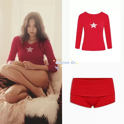 现货金智妮Jennie X Frankies Bikinis联名星星长袖T恤翻边短裤女