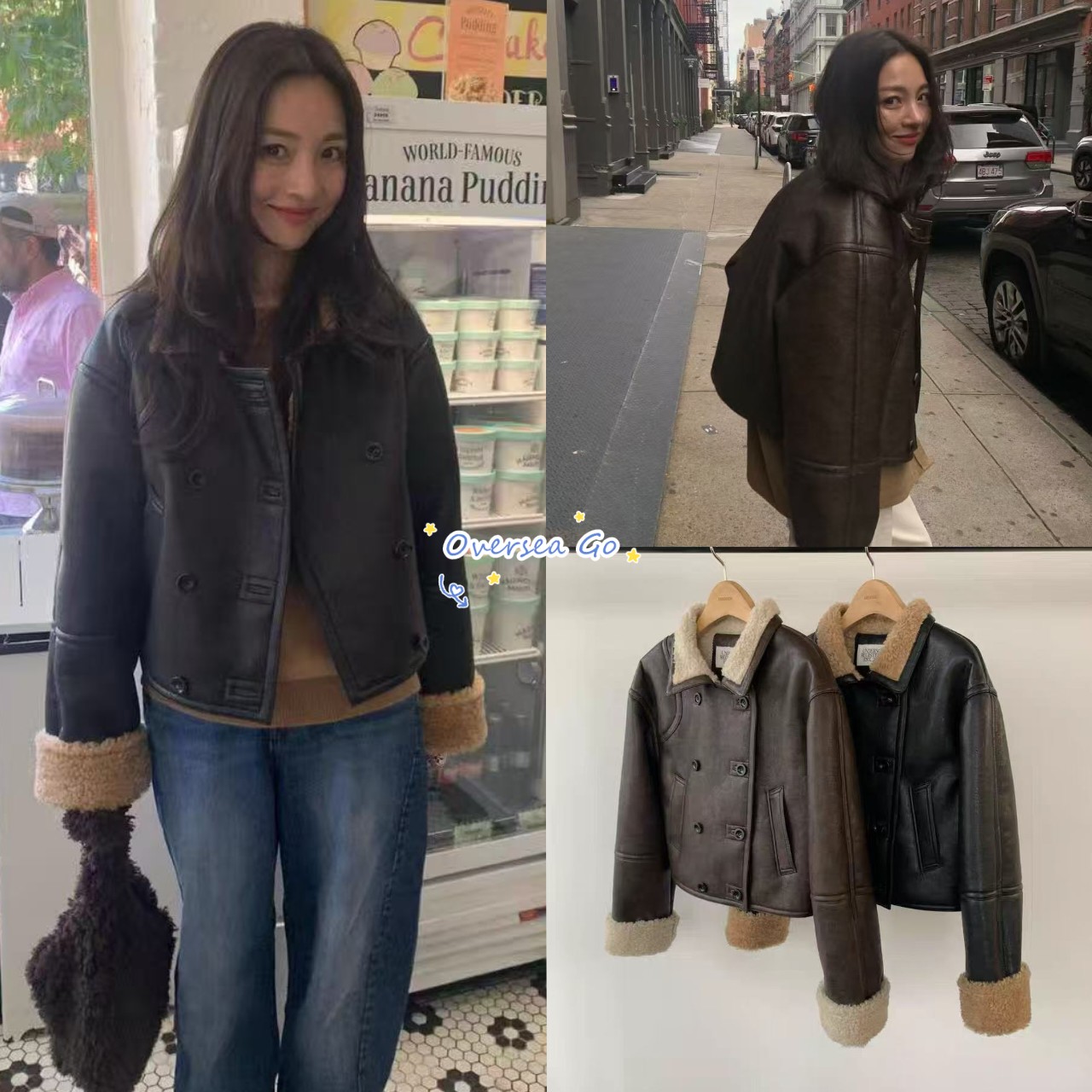 现货 underson皮衣 韩国纯色气质翻领双排扣皮毛一体机车服外套女