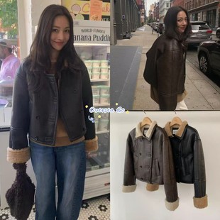 现货 underson皮衣 韩国纯色气质翻领双排扣皮毛一体机车服外套女