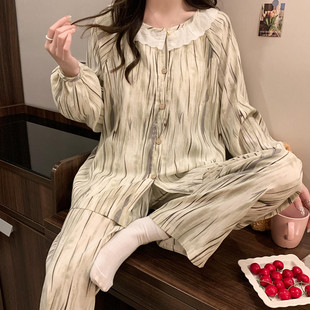 带胸垫睡衣女春秋季 纯棉长袖 公主风可爱甜美条纹可外穿家居服套装