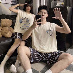 韩版ins情侣睡衣夏季纯棉无袖带胸垫背心可爱卡通男士家居服套装
