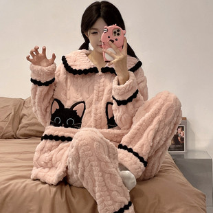 睡衣女冬季珊瑚绒加绒加厚可爱卡通甜美大码少女法兰绒家居服套装