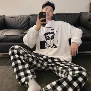 睡衣男冬季珊瑚绒2025新款加绒加厚格子可爱卡通法兰绒家居服套装