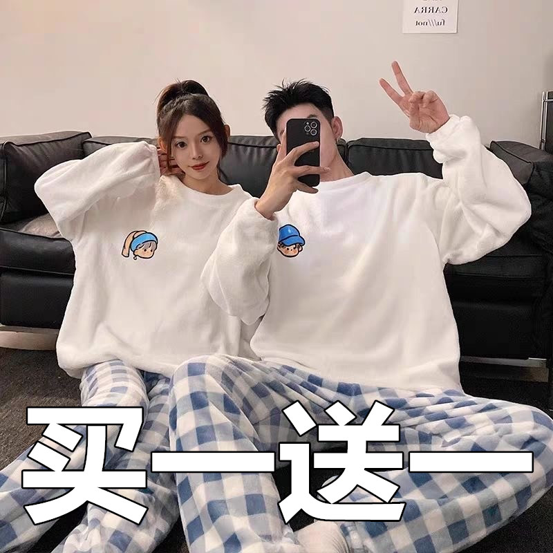 情侣睡衣秋冬季珊瑚绒加厚保暖一男一女可爱休闲法兰绒家居服套装