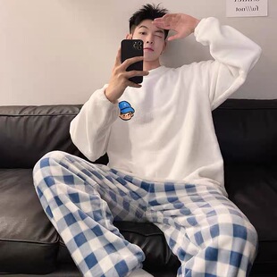 睡衣男冬季珊瑚绒2025新款加绒加厚可爱卡通休闲法兰绒家居服套装