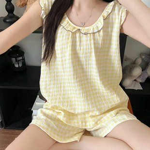 带胸垫甜美花边吊带可爱格子学生可外穿家居服套装 纯棉睡衣女夏季