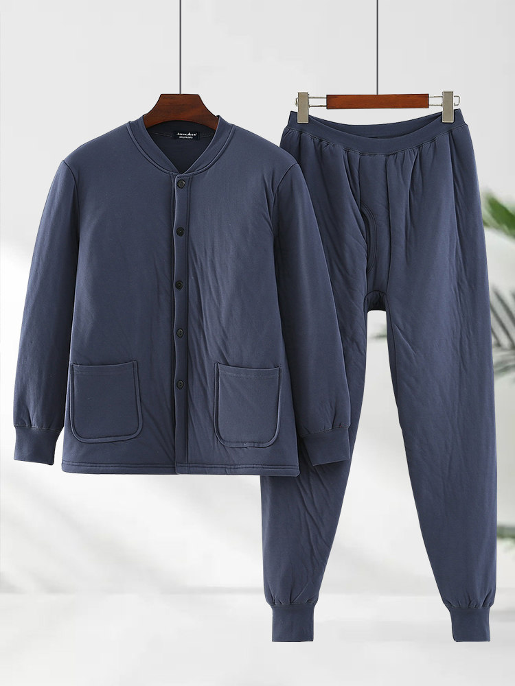 중노년 남성 보온 속옷 세트 퀼팅 및 두꺼운 순면 대형 가디건 노인용 가을 옷 및 긴 바지