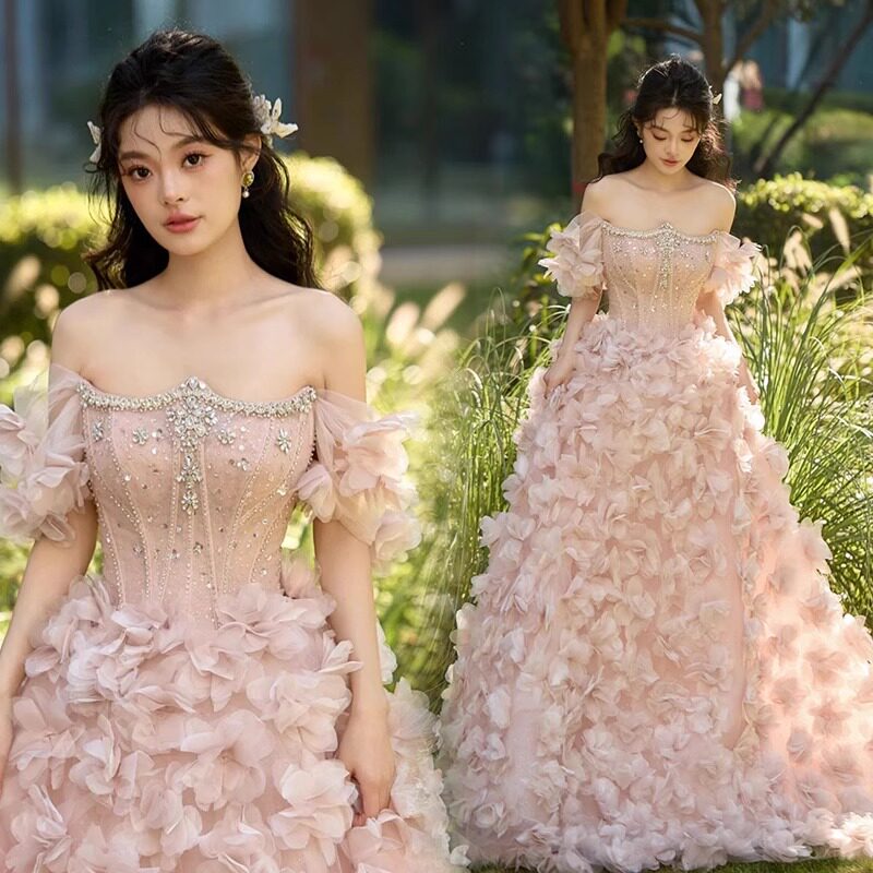 抹胸晚礼服裙女花朵粉色法式小众宴会生日派对新娘订婚结婚敬酒服