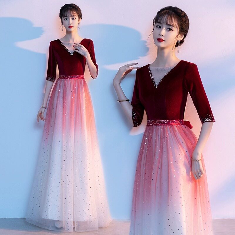金丝绒大合唱服女2026新款朗诵主持人比赛长裙红歌合唱团礼服渐变