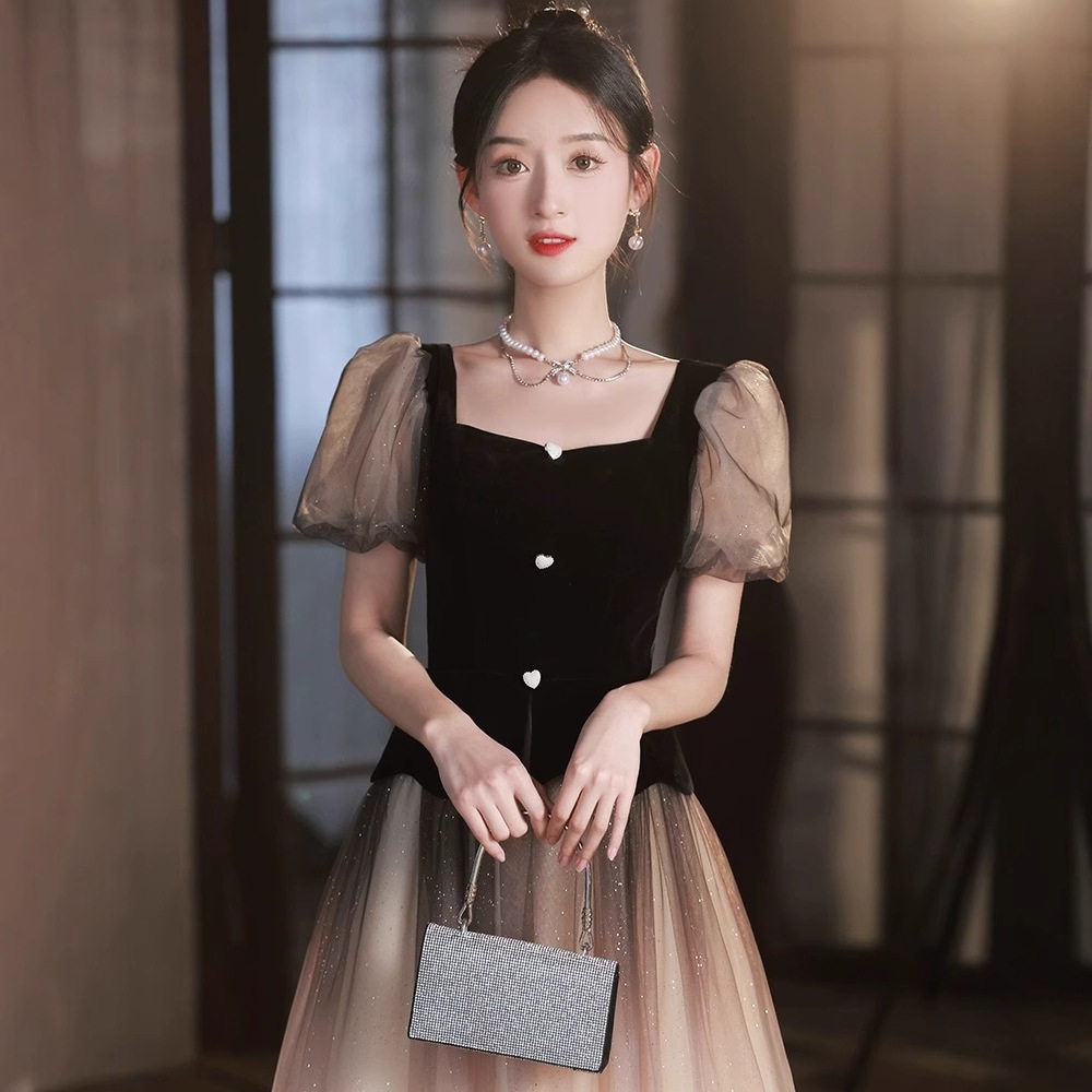 渐变晚礼服女轻奢小众高端黑色主持人连衣裙平时可穿网纱宴会气质