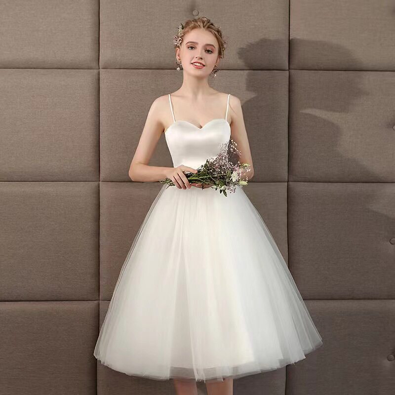 白色仙气婚纱吊带短款亚马逊欧洲站写真轻婚纱毕业季拍照晚礼服女