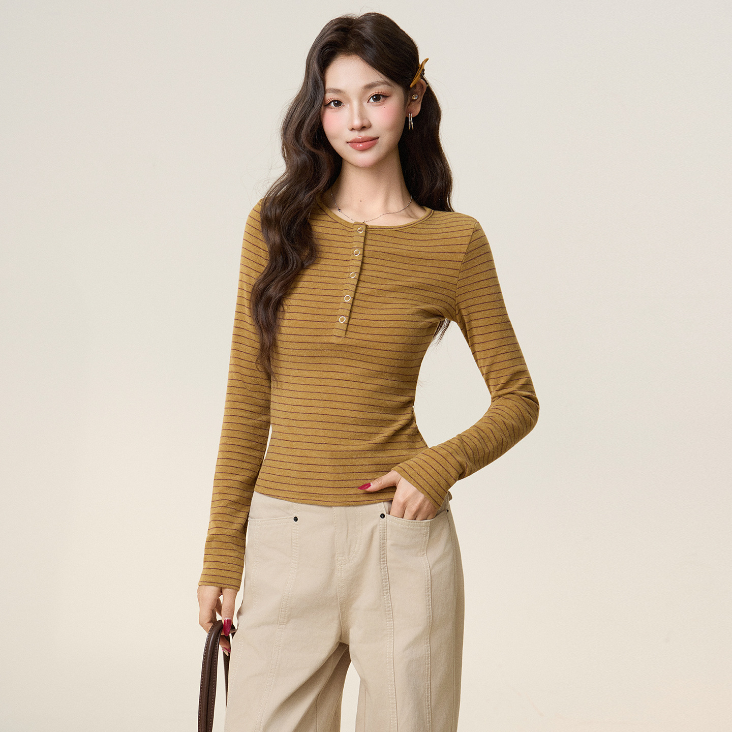 半开领条纹撞色长袖修身打底衫女2025年秋冬收腰内搭显瘦T恤上衣