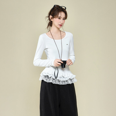 白色圆领磨毛加绒蕾丝花边下摆长袖T恤秋冬新款打底衫内搭上衣女