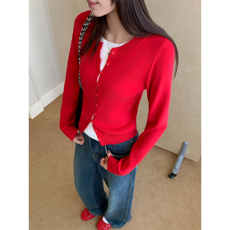 圣诞红假两件打底针织开衫长袖女秋冬内搭甜辣妹叠穿圆领外套上衣