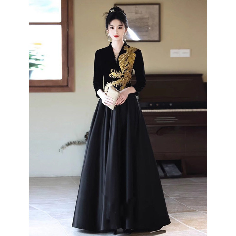 晚礼服女高级感黑色长袖高端大气年会主持人声乐艺考合唱团演出服