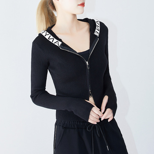 秋冬新款连帽字母拼接针织衫女套头毛衣洋气打底衫潮ins黑色上衣