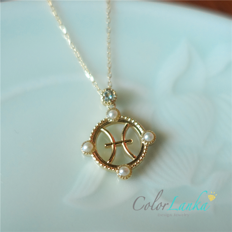 Ó¡ÏóÀ¼¿¨ÈÕ±¾ÕäÖéË«Óã×ùÏîÁ´10K½ðÐÇ×ùº£À¶±¦Ëø¹ÇÁ´ÉúÈÕÀñÎï°üÓÊ