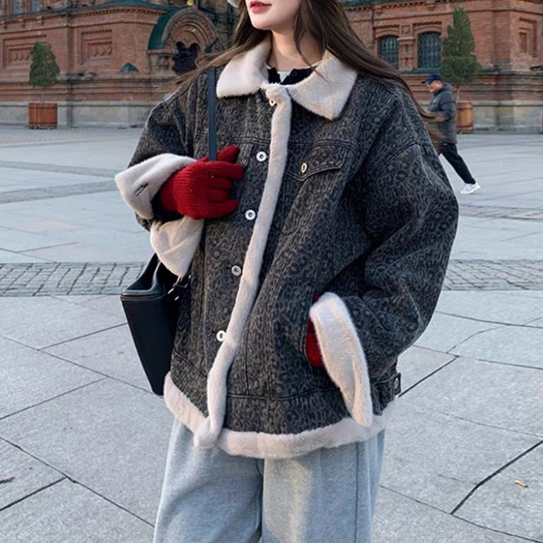 豹纹牛仔派克棉服女冬2025新款超好看加绒加厚皮毛一体羊羔毛外套