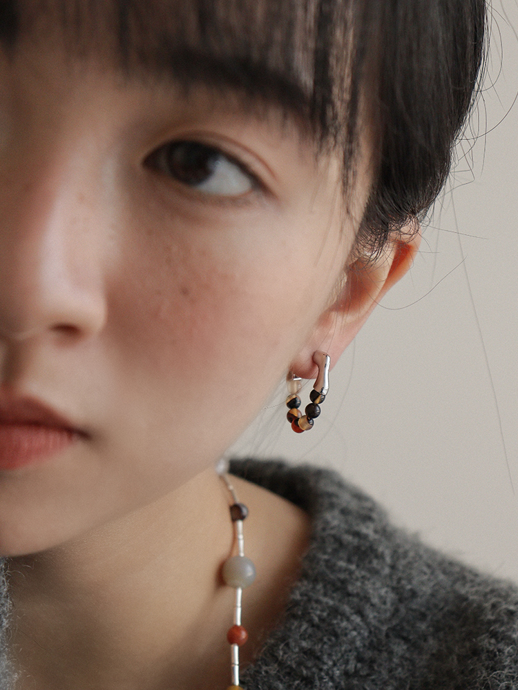 est studio简约复古玛瑙串珠925银针耳钉女小众设计感国潮风耳环