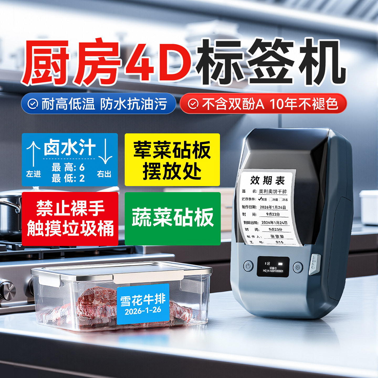 精臣M2标签打印机热转印后厨房4D管理标识商用冰箱冷冻藏食品生产日期效期不干胶防水贴纸食堂定位分类打印机