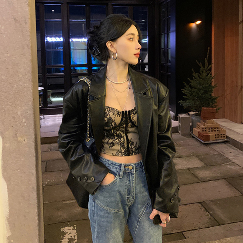 2025春秋街头酷辣皮衣西装外套女宽松oversize夹克西服PU皮气质机