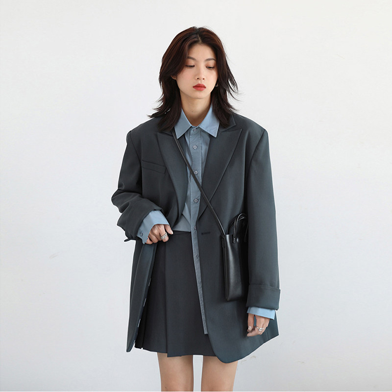 2025秋季新品韩版休闲纯色复古网红西服小个子宽松气质西装外套女