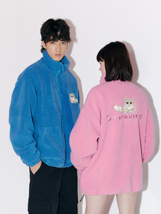 SUAMOMENT抓痕猫咪刺绣印花仿羊羔毛绒棉服男女秋冬保暖加厚外套