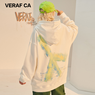 VERAF CA情侣国潮牌喷绘笔触反战连帽衫男宽松卫衣春秋季外套ins