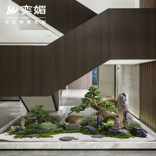 酒店大型松树迎客松造景落地流水景观室内庭院罗汉松装饰布置