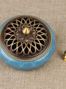 彩绘蓝铜平底香炉摆件 铜香炉摆件五福临门款鸳鸯款牡丹款