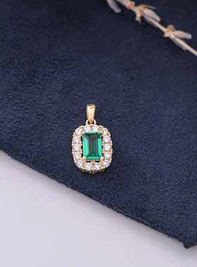 纯14K金吊坠满锆镶嵌绿色方形轻奢复古吊坠项坠
