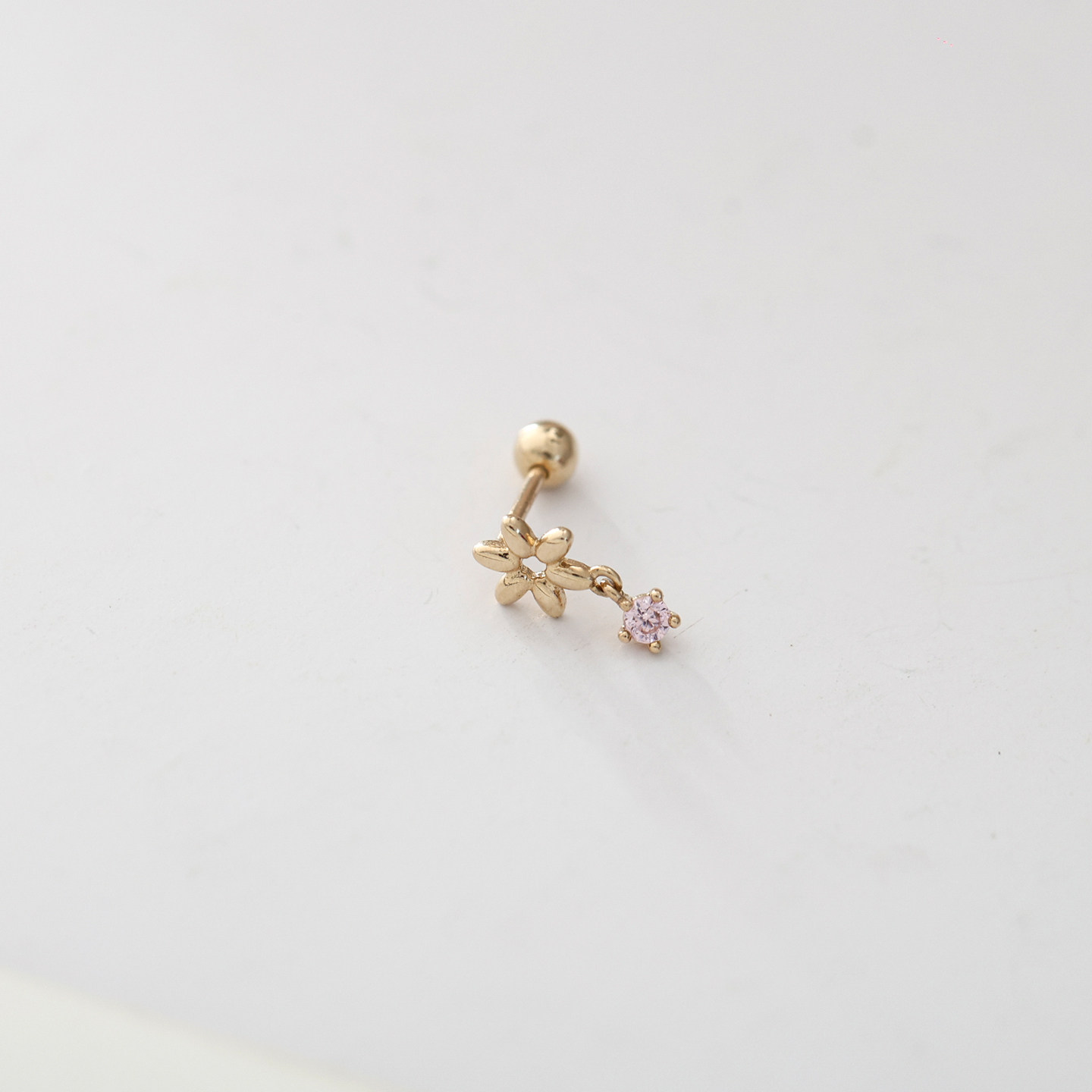 14K金粉色锆石小花螺丝耳钉