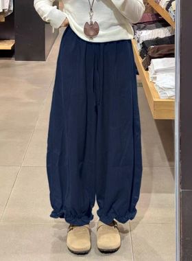 蓝色灯笼裤女2025新款春秋高腰显瘦直筒阔腿裤宽松垂感百搭休闲裤