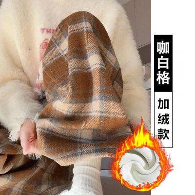 大码80-300斤加绒裤子女秋冬款格子裤胖mm宽松毛呢休闲高腰阔腿裤