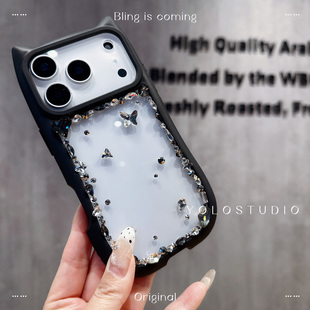 15pro女款 苹果17ProMax水钻手机壳可爱猫耳朵iphone16pro 黑白镶钻爆闪奢华保护套 原创轻奢个性 YOLO