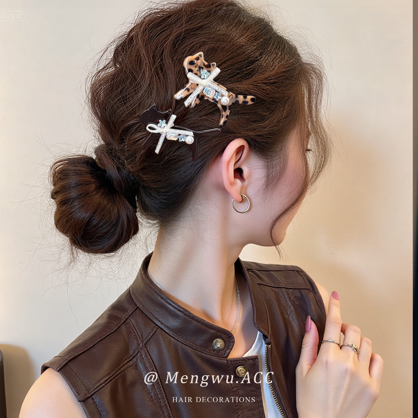 豹纹猫咪水钻发夹女2025新款高端碎发刘海夹侧边夹氛围感拍照发饰,饰品/流行首饰/时尚饰品新,发饰,淘宝优惠券,粉丝福利购,淘宝优惠卷