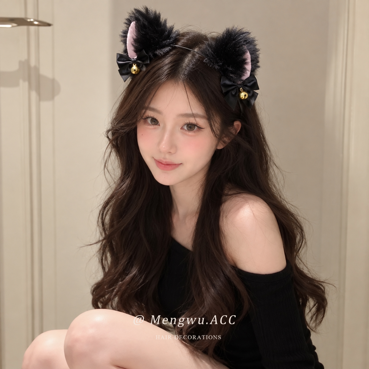 黑色猫咪耳朵蝴蝶结发箍女生cos毛绒头箍可爱拍照道具聚会装饰