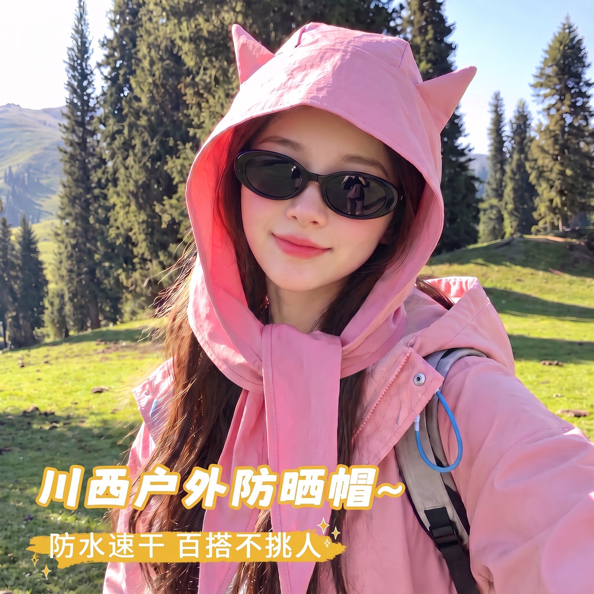 户外新款小恶魔绑带遮阳防晒帽速干渔夫帽护耳头巾帽子猫耳朵小众