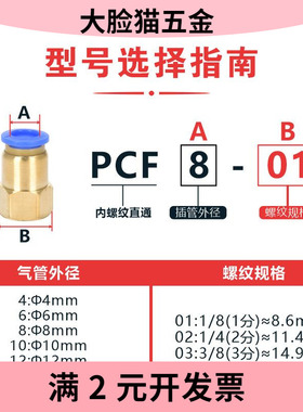 高斯气动元件气软管螺纹直通蓝色接头PCF6 8 10-01 02 04