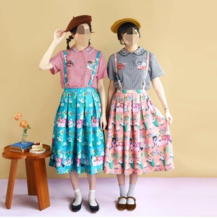 春夏新款百褶猫咪法式印花松紧腰半身裙中长拼接甜美lolita小众