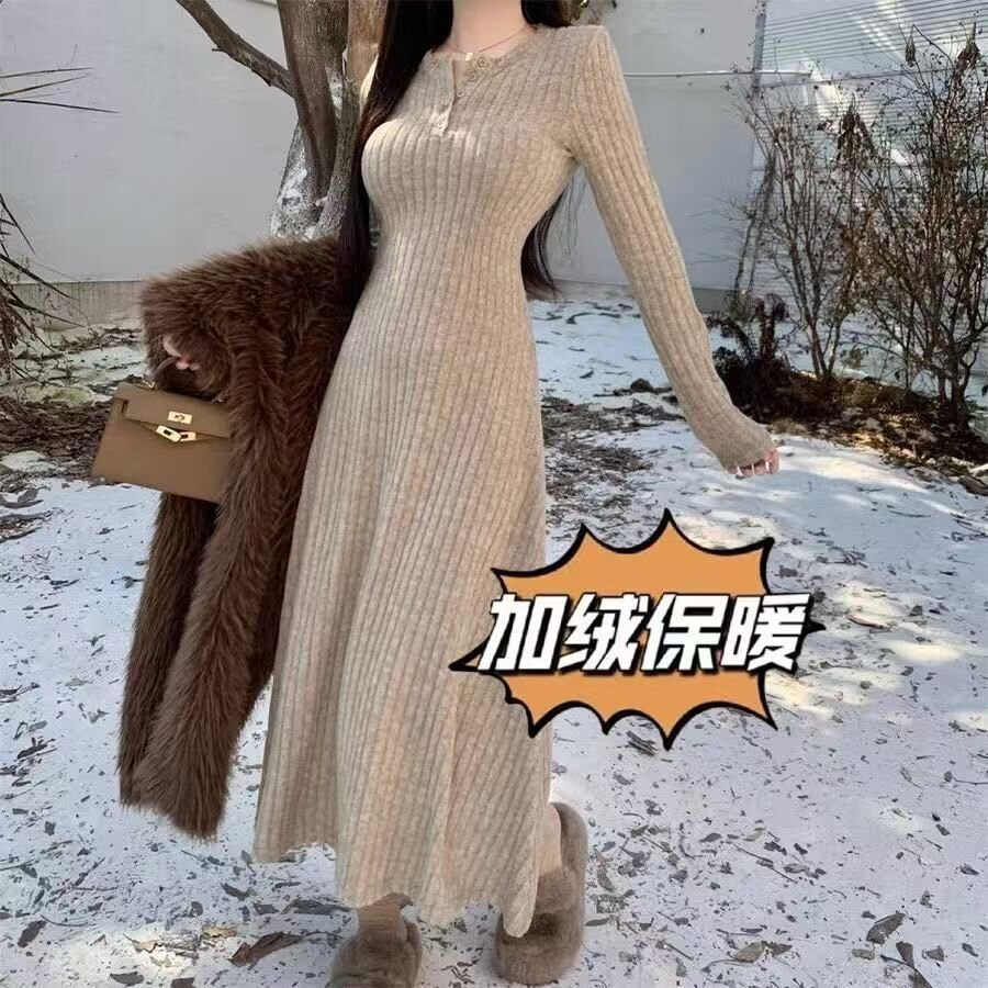 法式气质长款长袖秋冬连衣裙新款打底裙子显瘦修身长裙加绒加厚