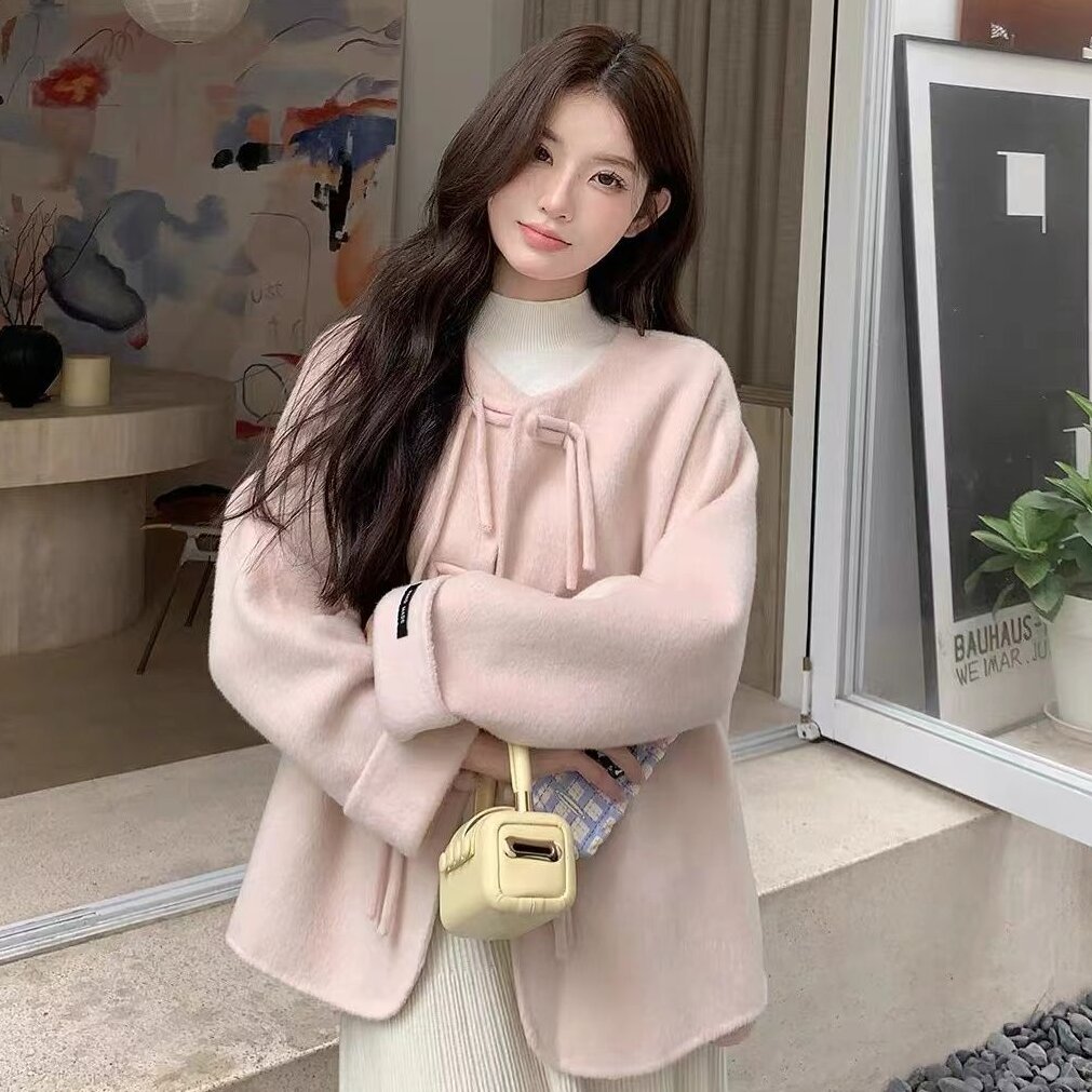 新中式奶fufup盘扣粉色毛呢外套女秋冬高级温柔风气质减龄上衣