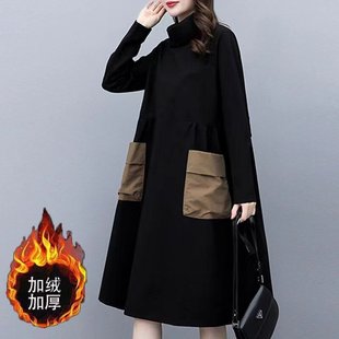 大码胖mm200斤复古文艺连衣裙女宽松秋冬装洋气加绒加厚打底裙子