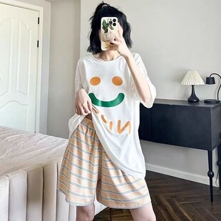 条纹短裤 圆领短袖 舒适居家服两件套 多巴胺彩色笑脸睡衣女夏款 新款