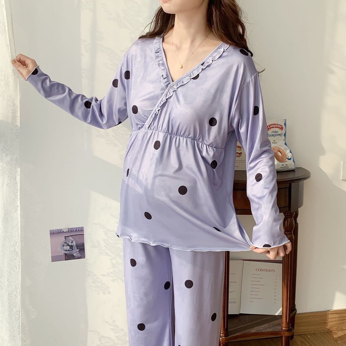 甜美风V领波点睡衣女春季家居服